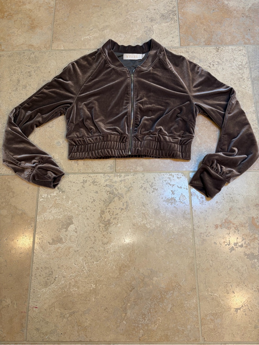 Meshki Women's Cropped Velvet Bomber Jacket - Brown